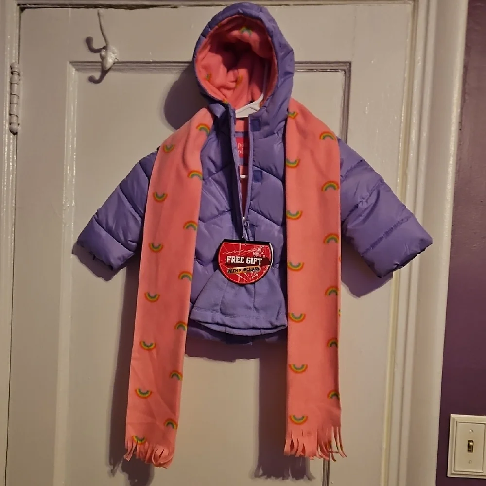 Girls 2T Purple & pink Puffer Jacket with Pink Scarf NWT